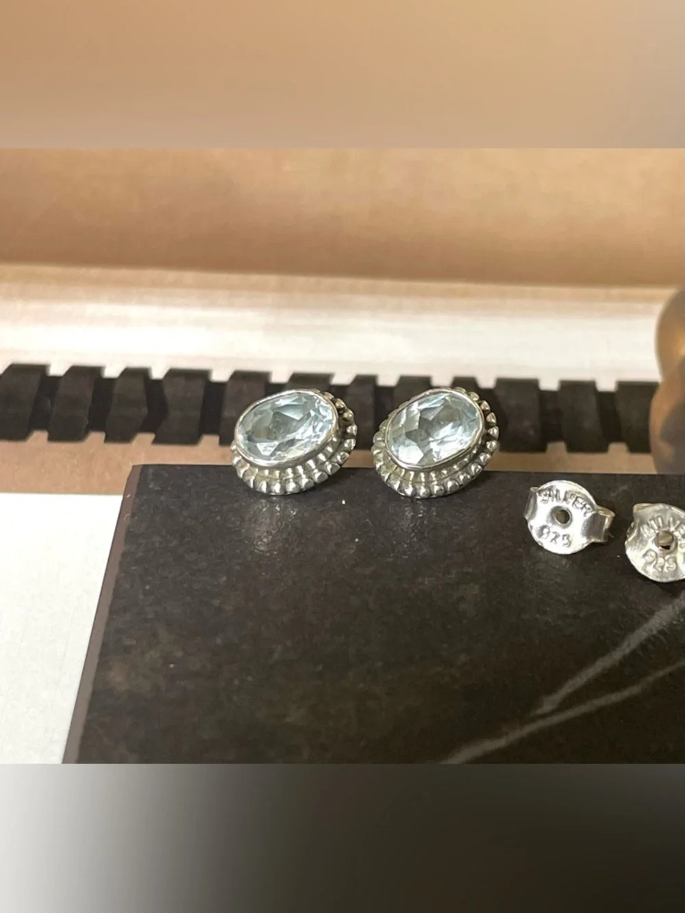 Blue Topaz stud Earrings 925 Sterling Silver,     V I B E S
